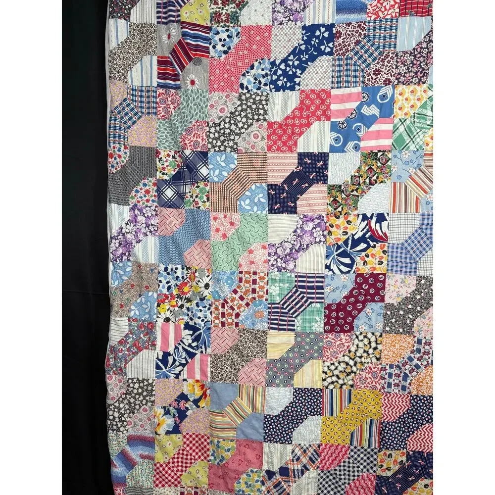 Vintage Colorful Feedsack Bowtie Quilt Handmade Cotton Fabric Farmhouse Cottage